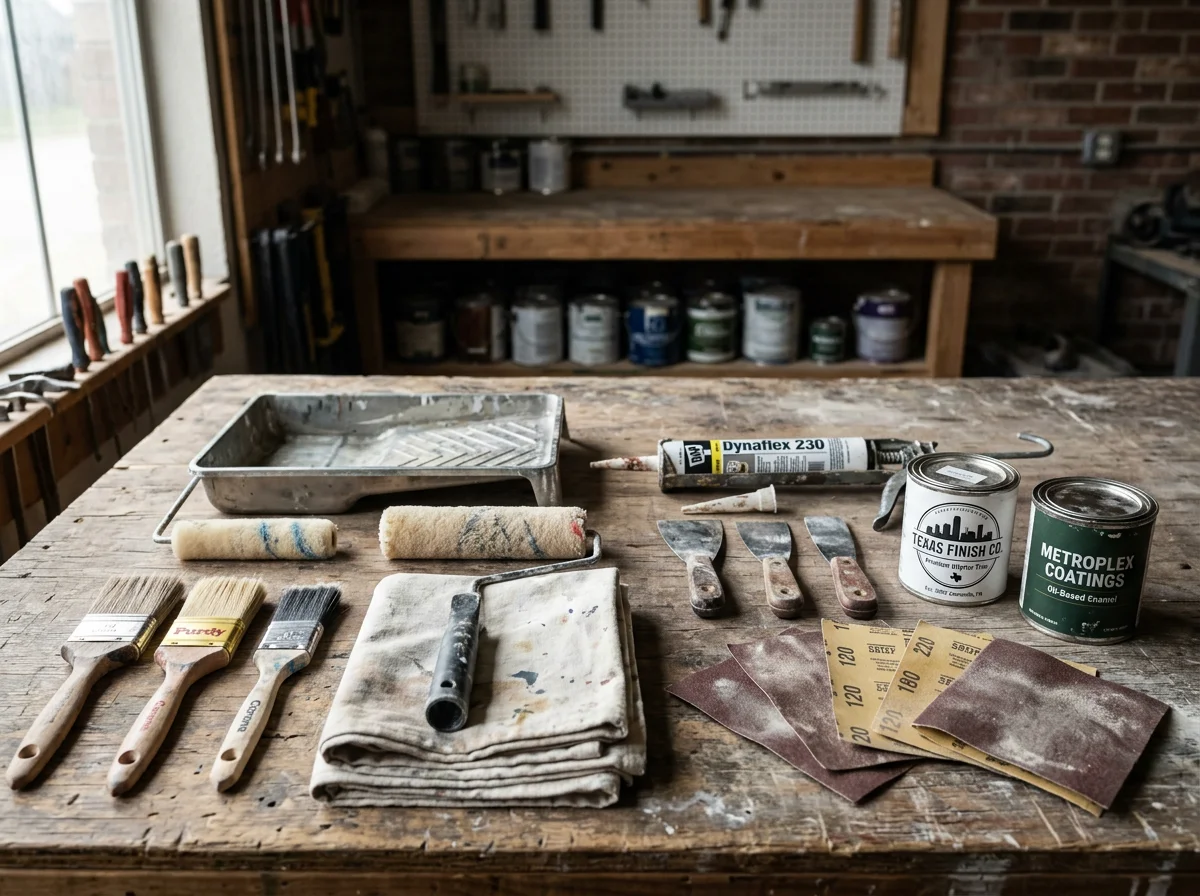 Professional painting tools and equipment arranged on a work surface, ready for interior and exterior restoration projects.