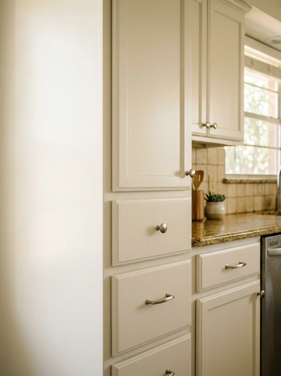 Refinished kitchen cabinets in a 1980s North Dallas home showing smooth painted finish over former oak grain, with new hardware installed and cabinet doors rehung.