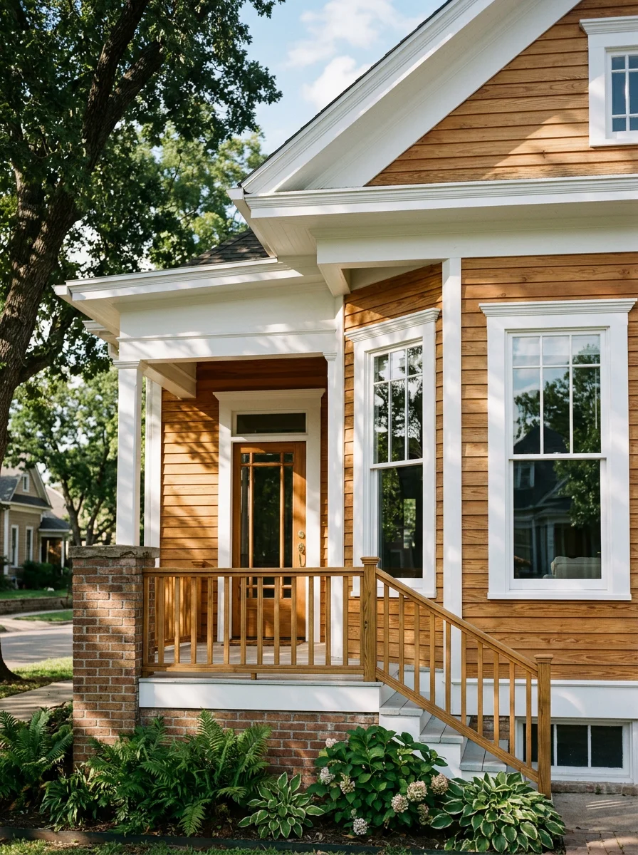 Exterior of a wood-sided early 20th-century home near Denton's historic square with freshly primed trim and fascia boards ready for topcoat application.