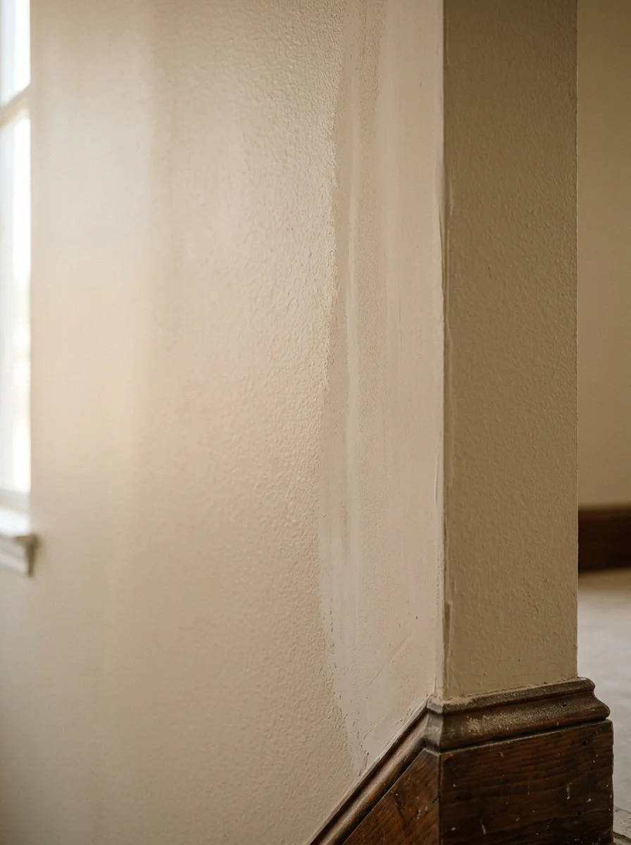Smooth drywall patch repair on an interior wall in a Fort Worth home, showing feathered joint compound blending into the surrounding surface before painting.
