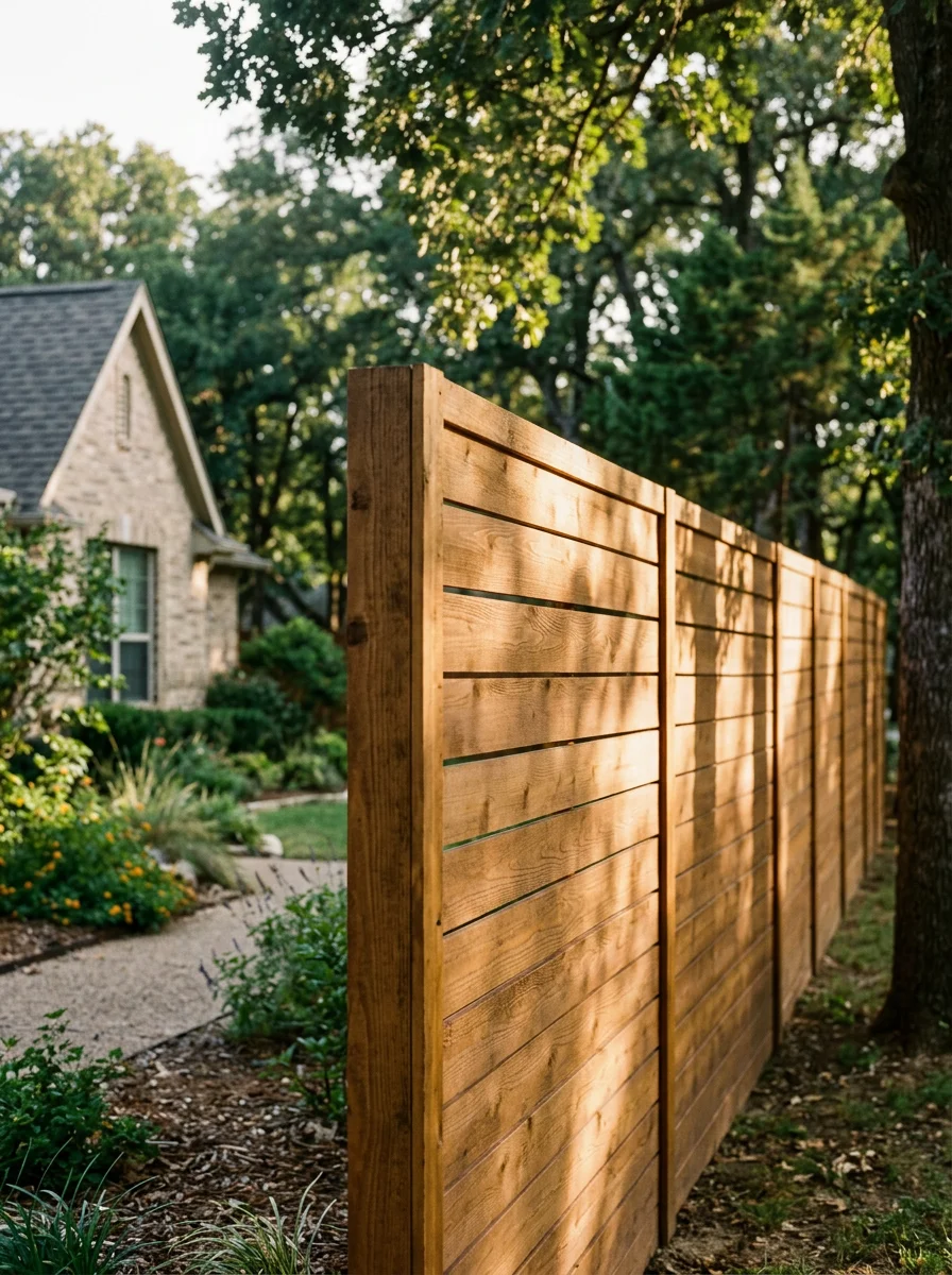 Freshly stained cedar fence in a Grapevine, TX residential neighborhood near the lake corridor, showing even penetrating stain coverage after surface cleaning.