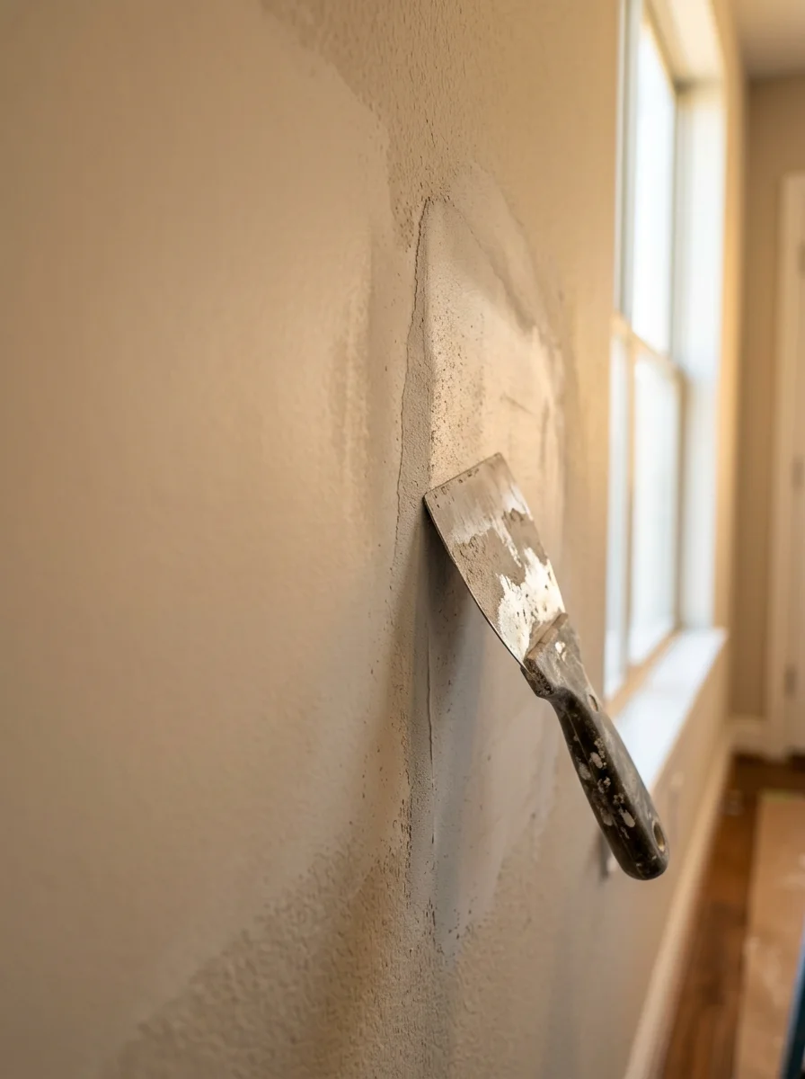 Close-up of smooth drywall repair work on an interior wall in a Lewisville home, showing feathered patch blending into the surrounding surface before painting.