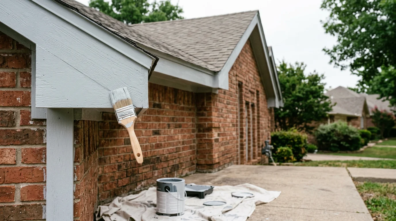 Painter applying exterior paint to a 1980s brick-and-wood home in a Lewisville, TX subdivision, with wood fascia boards freshly primed and ready for topcoat.