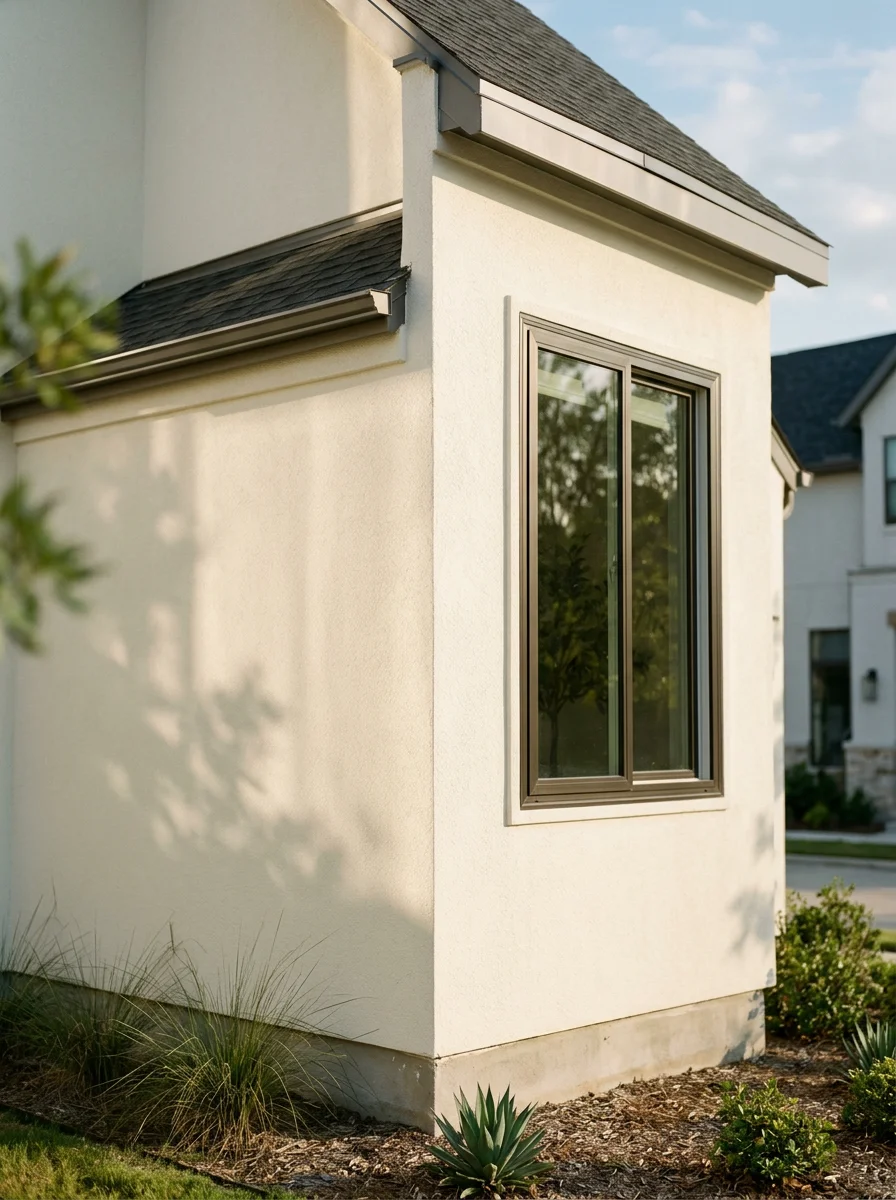 Freshly painted stucco exterior on a newer McKinney, TX home in a master-planned community, with crack repairs at window frames blended seamlessly into the finish.