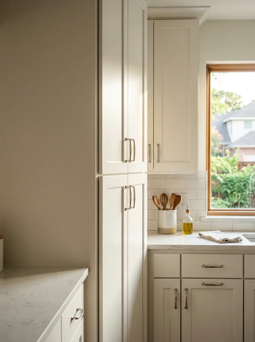 Refinished kitchen cabinets in a Plano, TX home showing smooth painted finish over former oak grain, with hardware reinstalled and doors rehung.