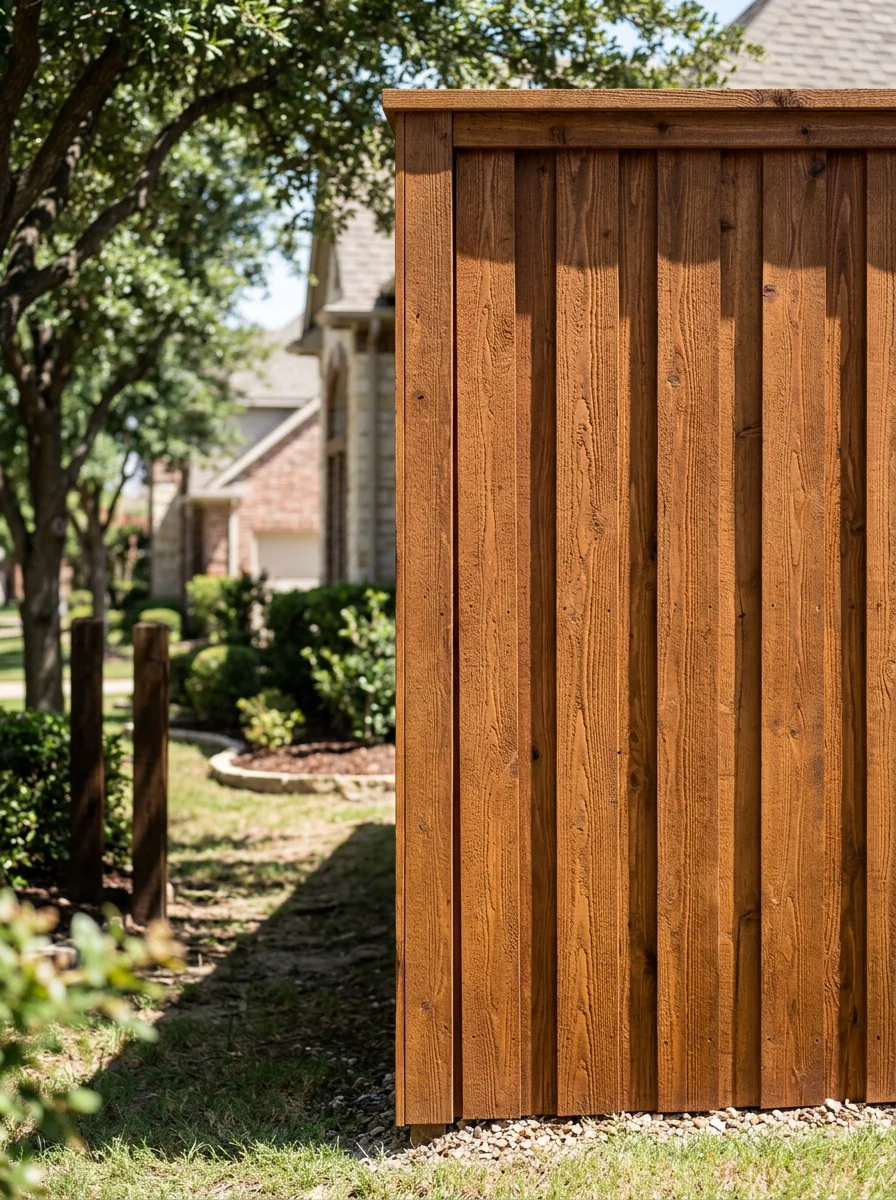 Freshly stained cedar privacy fence on a large Southlake, TX lot, showing even penetrating stain coverage on south-facing boards after surface cleaning and prep.
