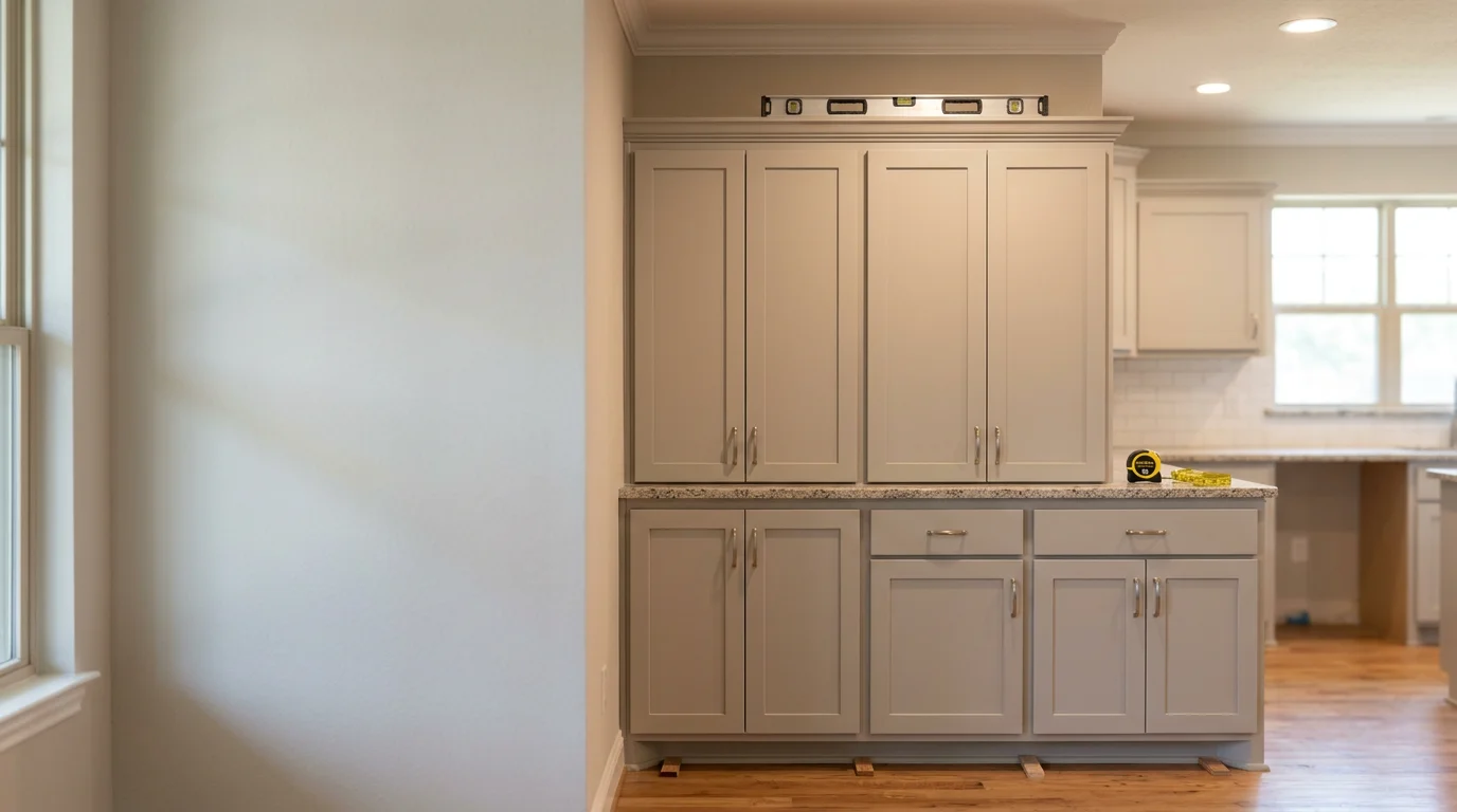 Newly installed kitchen cabinets in a Lewisville, TX home, showing upper and lower cabinet runs set flush against painted walls with doors hung level. A clean, finished kitchen interior ready for countertop installation.