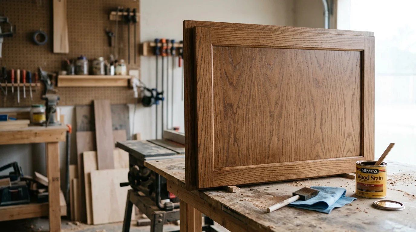 Refinished wood kitchen cabinets in a Lewisville home showing a clean, updated surface after professional stripping and topcoat application. The original cabinet layout and hardware placement remain unchanged, with the renewed finish replacing the worn prior surface.