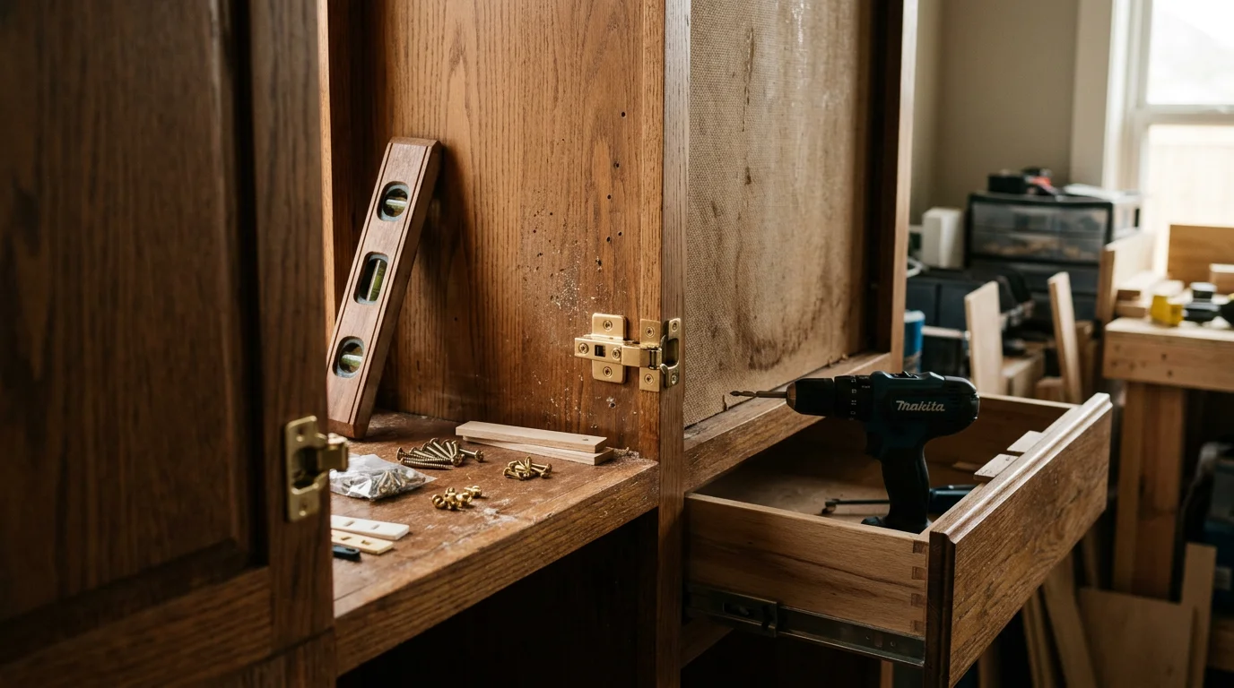 Close-up of a repaired kitchen cabinet door with realigned hinges and a smooth wood surface in a Lewisville, Texas home. The cabinet box is intact and the drawer below sits flush and level.