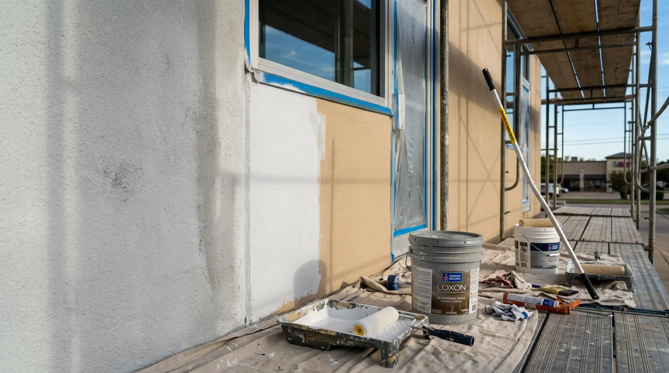 A freshly painted commercial building exterior in Lewisville, Texas, showing clean, even wall surfaces and sharp trim lines on a retail or office property. The finished result reflects professional-grade prep and coating work suited to the North Texas climate.