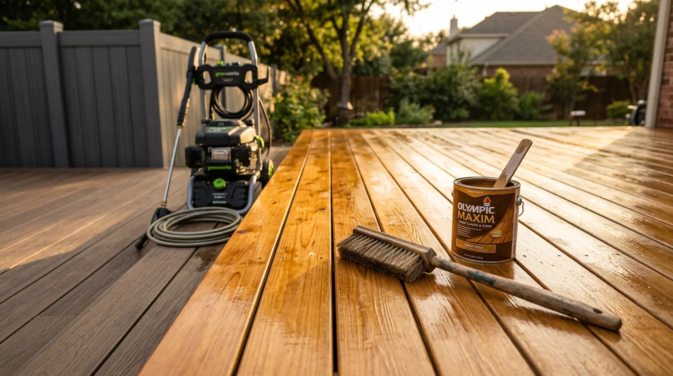 A freshly finished wood deck on a residential home in Lewisville, Texas, showing an even, clean surface coat with visible wood grain. The deck boards show no gray weathering or peeling, with a consistent finish across all boards.