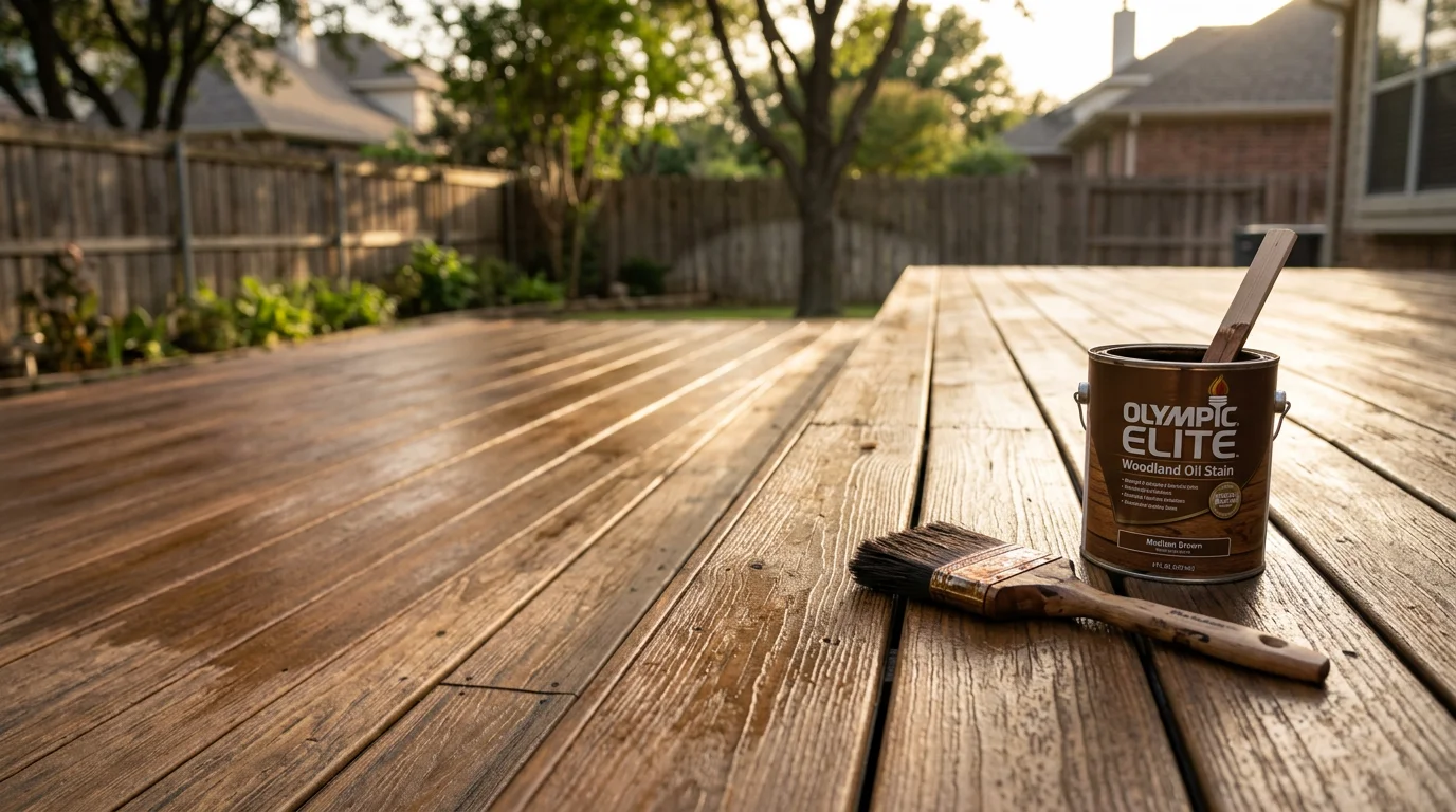 A freshly stained wood deck in Lewisville, Texas with even color coverage across the boards and railings, showing restored grain detail after professional cleaning and stain application. The deck sits behind a residential home typical of the North Texas area, with a clear summer sky visible overhead.
