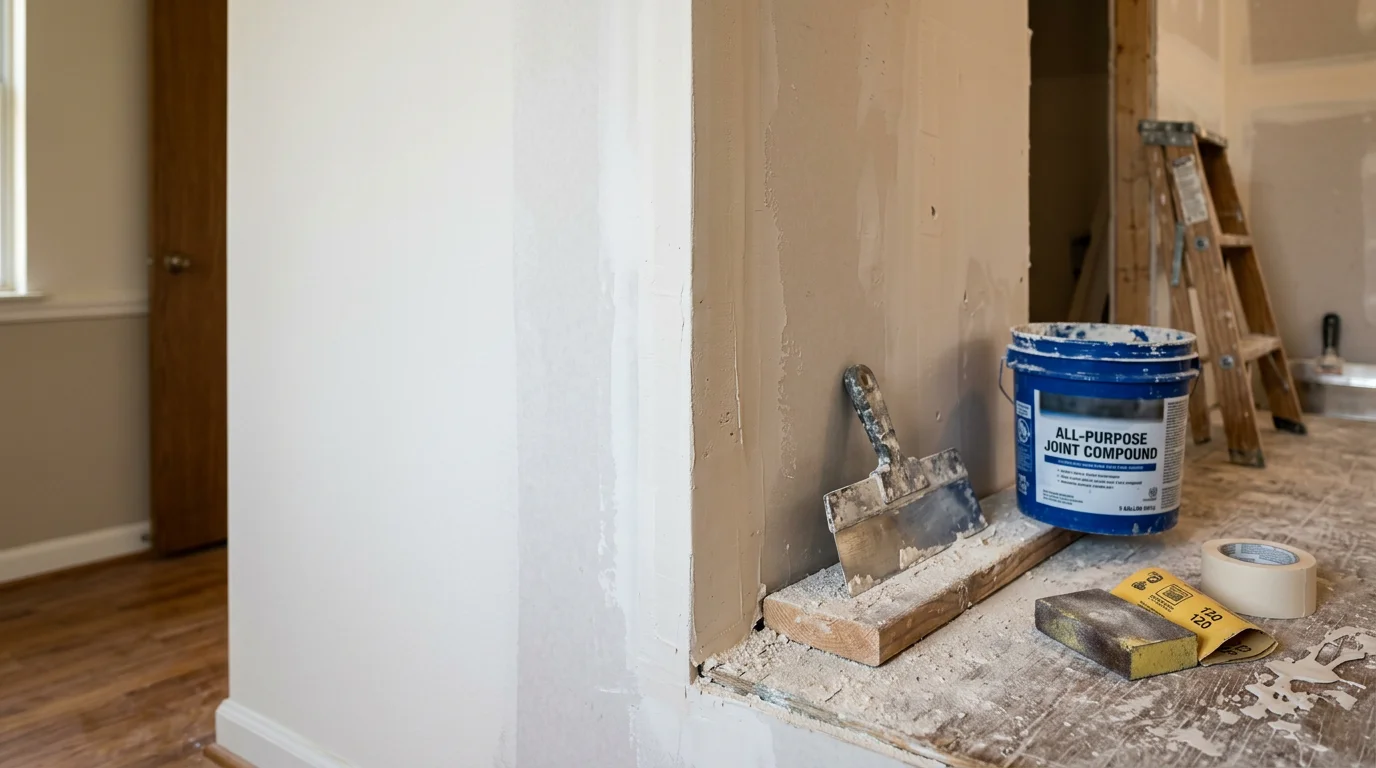 Close-up of a freshly finished drywall wall in a Lewisville home showing smooth, sanded seams and sharp corner bead ready for paint. The surface is even under natural light with no visible joint lines or compound ridges.