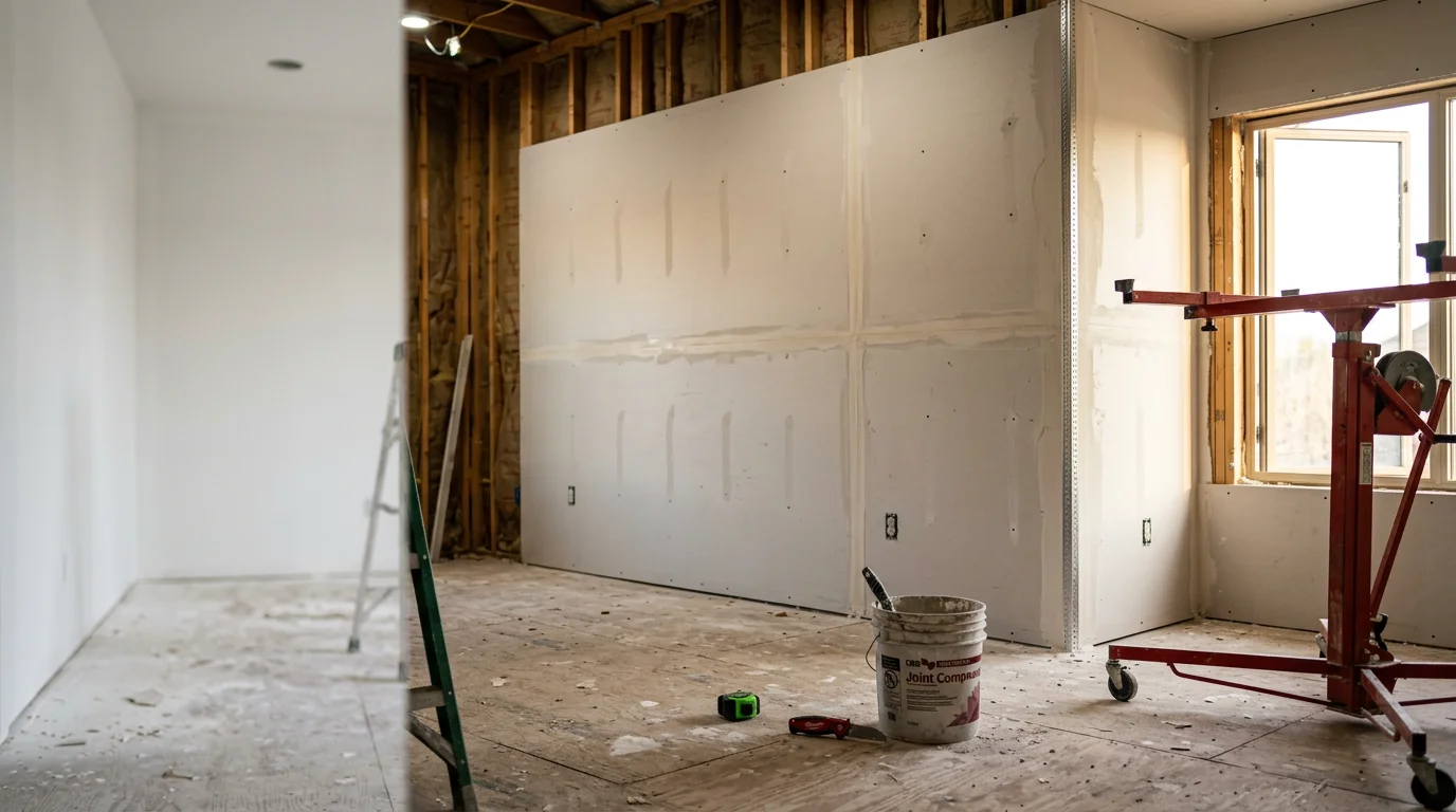 A freshly installed drywall wall in a Lewisville home interior, showing clean panel seams and smooth edges ready for finishing. The room reflects a residential remodel with natural light coming through a window.