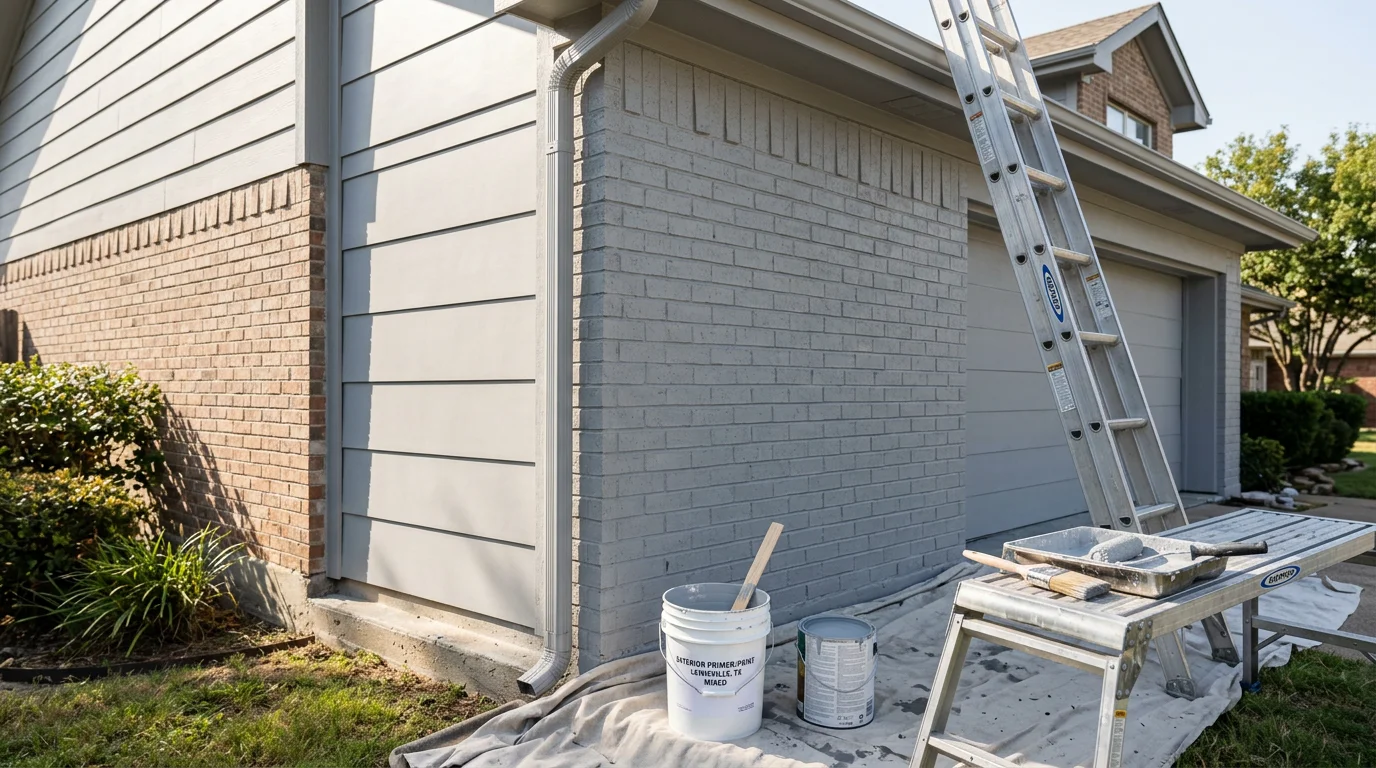 A freshly painted single-family home exterior in Lewisville, Texas, showing clean siding, painted trim, and even color coverage on a brick and wood facade. The finished result reflects a thorough prep-and-paint process suited to the North Texas climate.
