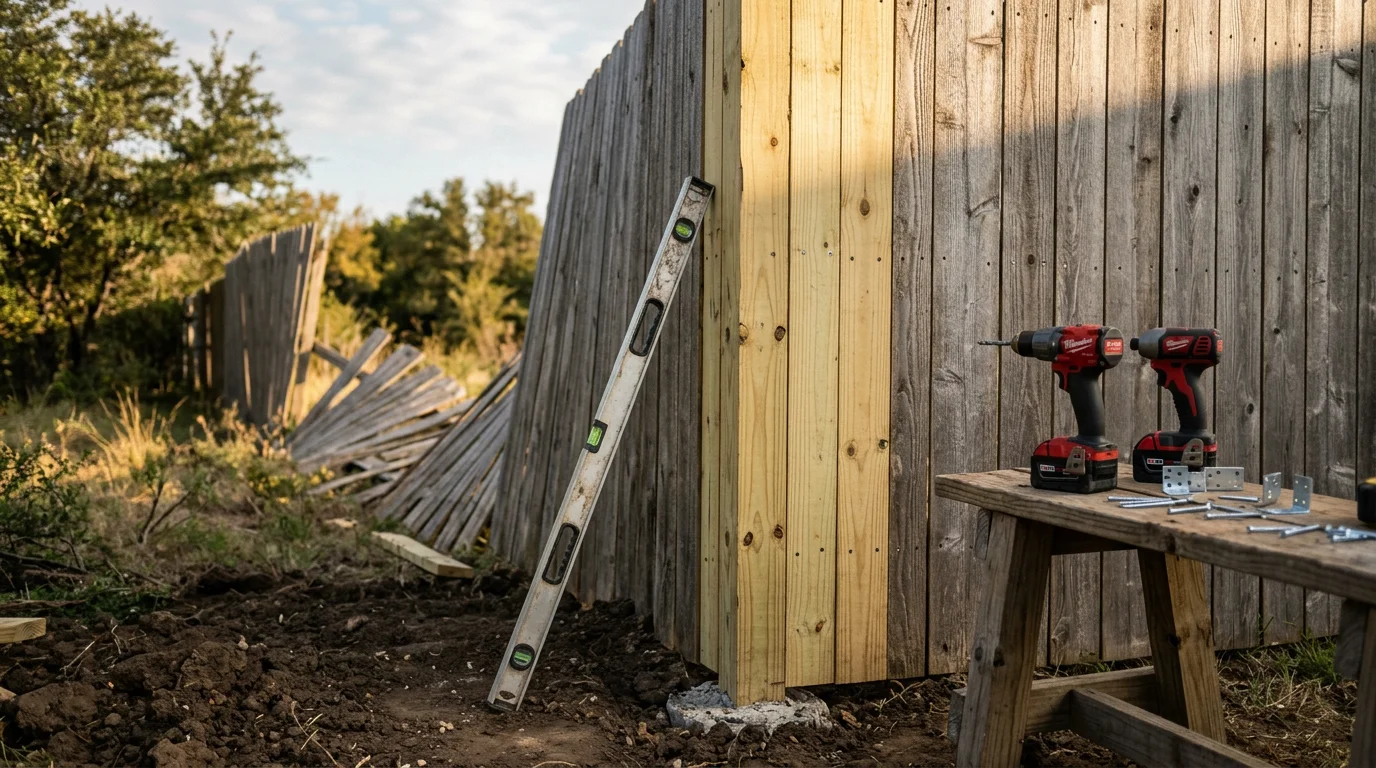 A repaired wood privacy fence in a Lewisville, Texas backyard showing replaced boards and a straightened post after storm damage. The fence line runs along a residential yard with the repaired section blending into the existing structure.