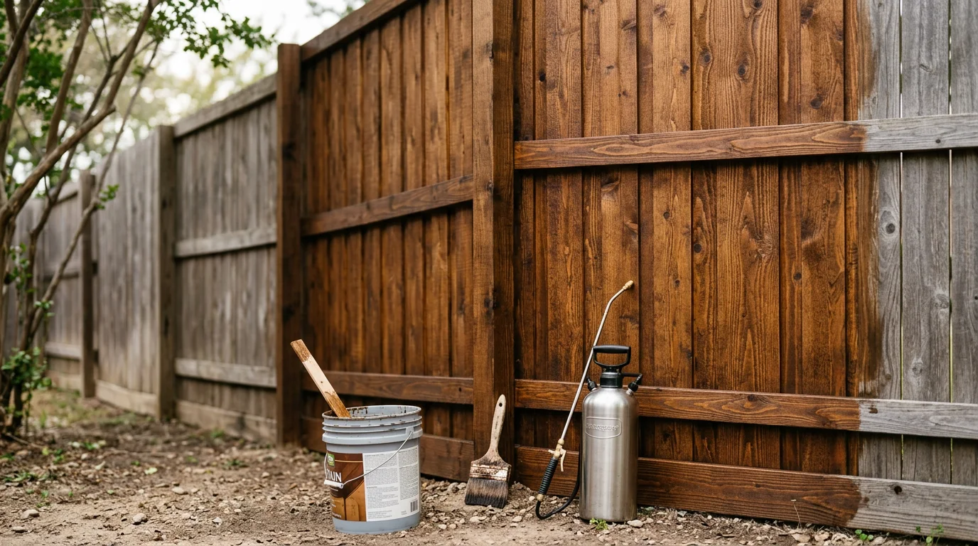 A freshly stained wood privacy fence in a Lewisville backyard, showing rich, even color across the boards with no gray weathering or dark mildew streaks. The fence runs along a residential property line under a clear North Texas sky.