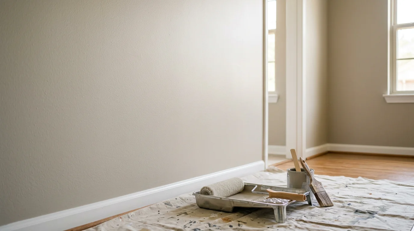 Freshly painted interior living room walls in a Lewisville, Texas home showing clean lines along the ceiling and trim. The room features smooth, even coverage in a neutral tone with no visible surface flaws.