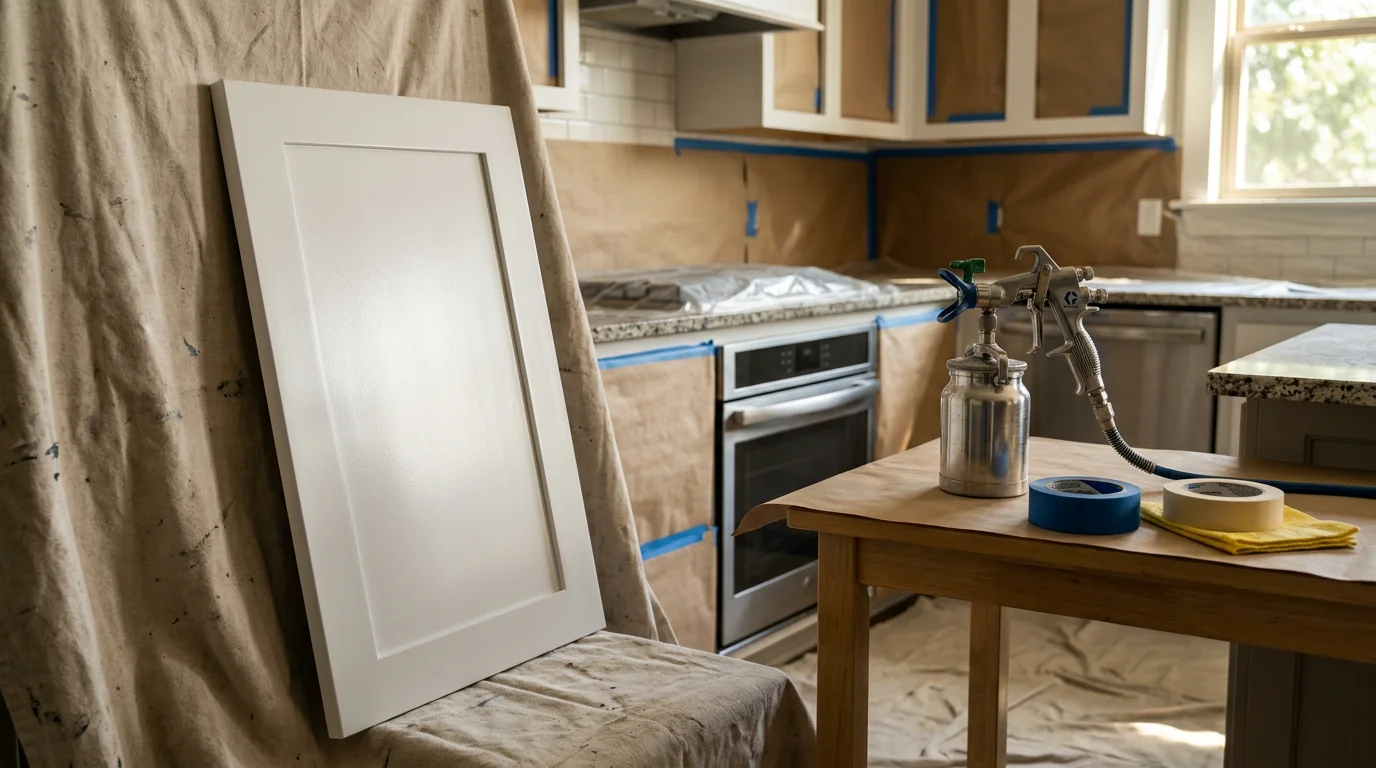 Freshly painted white kitchen cabinets in a Lewisville home, showing smooth spray-applied finish on cabinet doors and frames with countertops and appliances visible below. Close-up view highlights even color coverage and clean edges around cabinet hardware.