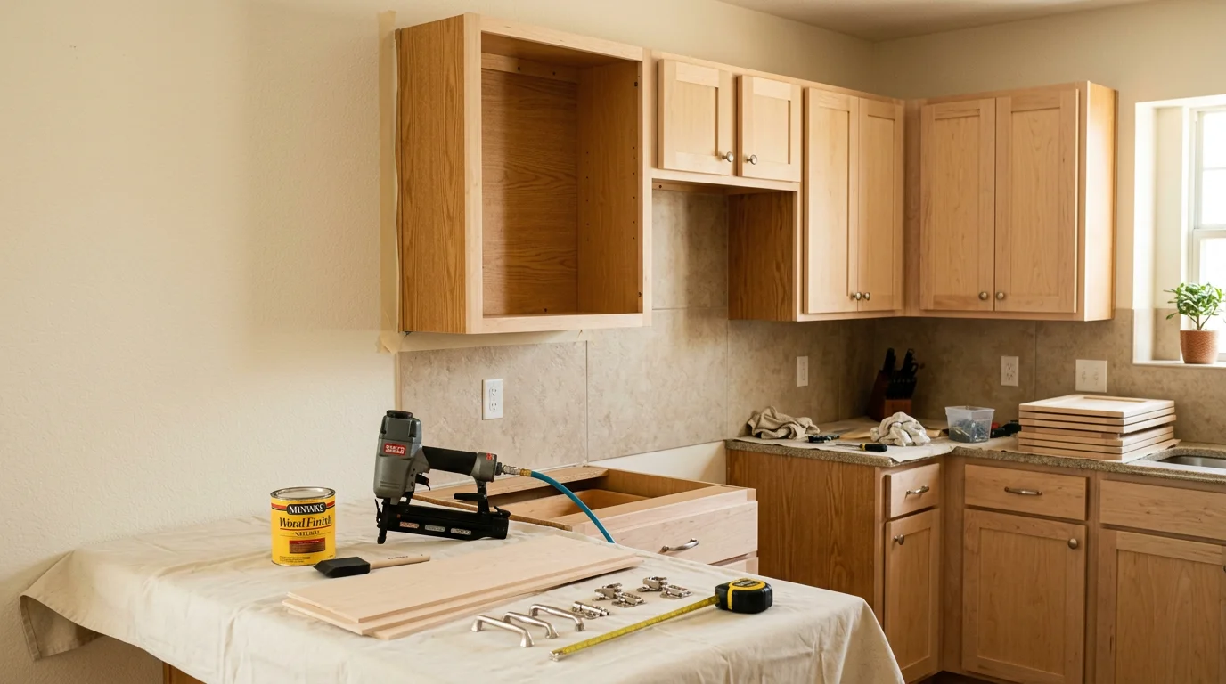 Freshly refaced kitchen cabinets in a Lewisville, TX home showing new door fronts, updated drawer faces, and clean veneer applied to the cabinet frames. The existing cabinet layout remains intact with a fully renewed surface appearance.