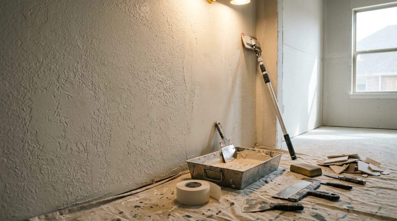 Close-up of a freshly textured drywall wall in a Lewisville home showing a smooth knockdown finish ready for paint. A contractor's trowel rests against the wall beside a completed ceiling repair section.