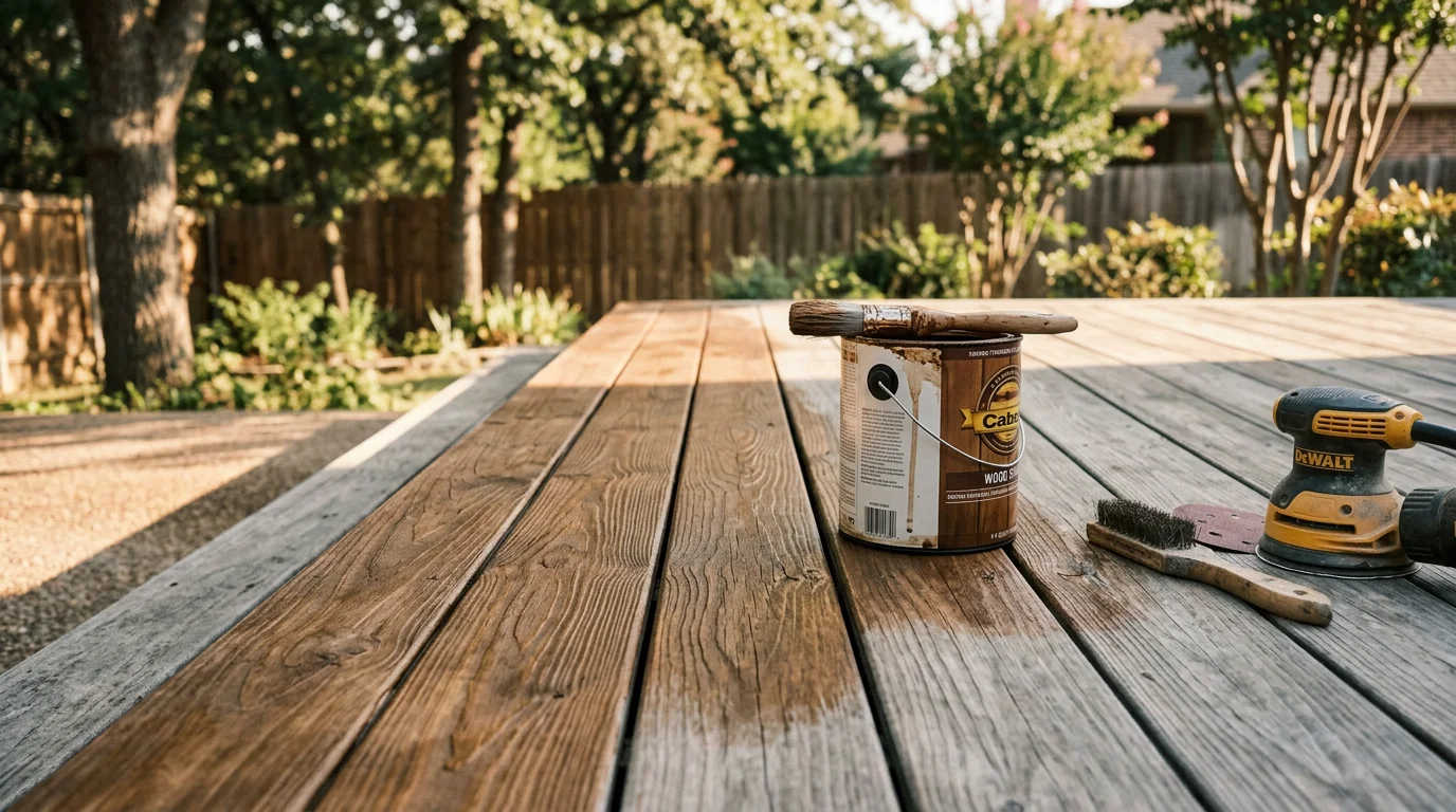 Freshly stained outdoor wood pergola in a Lewisville backyard, showing rich, even color and clean grain after professional staining. The surrounding yard reflects a typical North Texas residential property with open sun exposure.