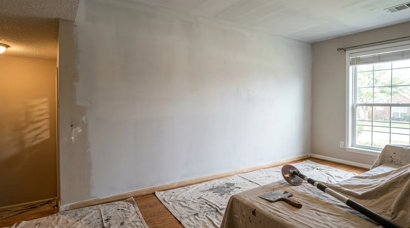 A smooth, freshly finished ceiling in a Lewisville living room after popcorn texture removal, showing clean drywall ready for paint. The room is well-lit with furniture covered in protective sheeting during the restoration process.