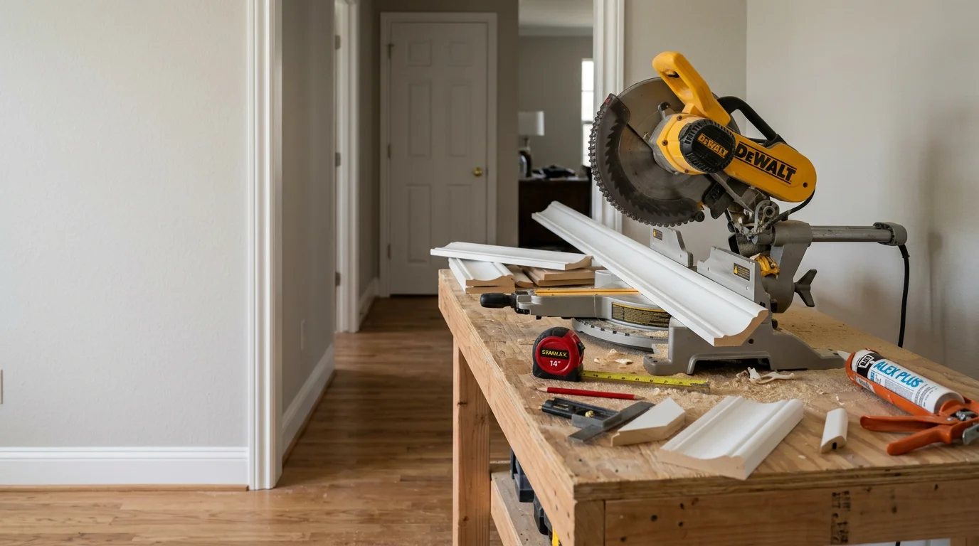 Freshly installed white baseboard and door casing trim in a Lewisville home interior, showing tight corner joints and a clean transition between wall and floor. The trim runs along a painted wall in a residential living space typical of North Texas suburban homes.