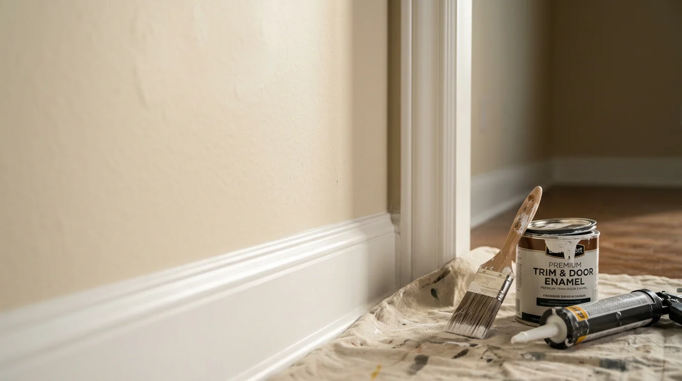 Close-up of freshly painted white interior trim along a doorway in a Lewisville home, showing clean edges where the trim meets the wall. The painted wood surface is smooth and even with no visible brush marks or gaps at the casing joints.